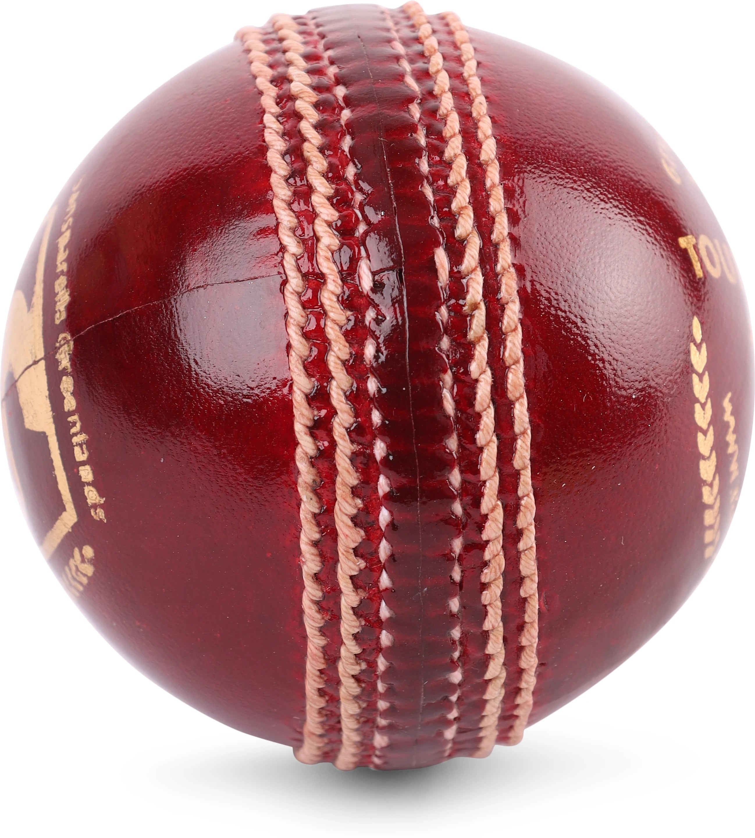 Red leather tournament cricket ball offering consistent bounce and swing control