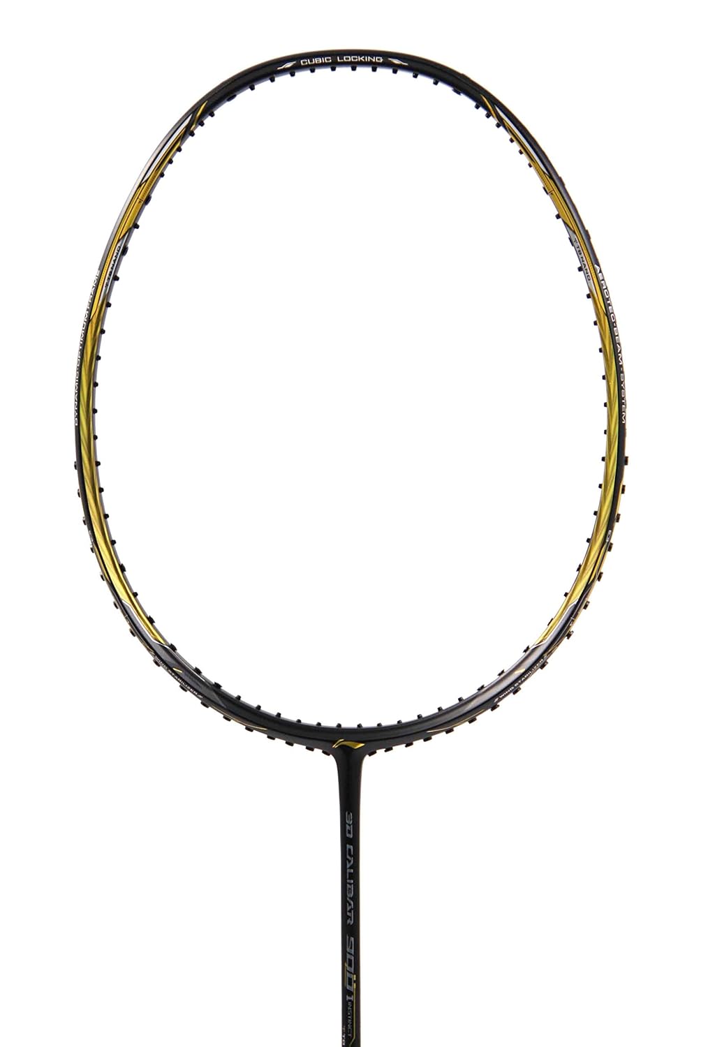 Close-up of Li-Ning 3D Calibar 900i badminton racket frame featuring 3D Calibar structure for stability and power shots