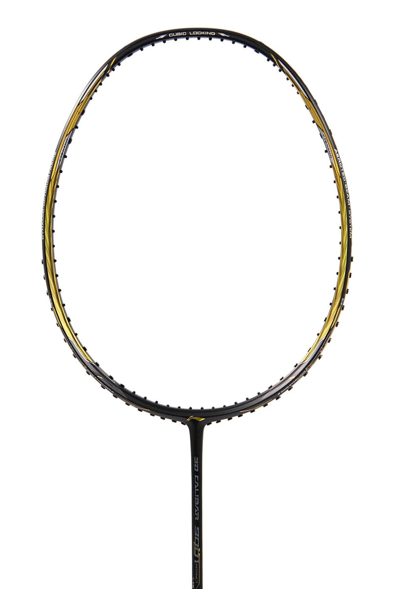 Close-up of Li-Ning 3D Calibar 900i badminton racket frame featuring 3D Calibar structure for stability and power shots