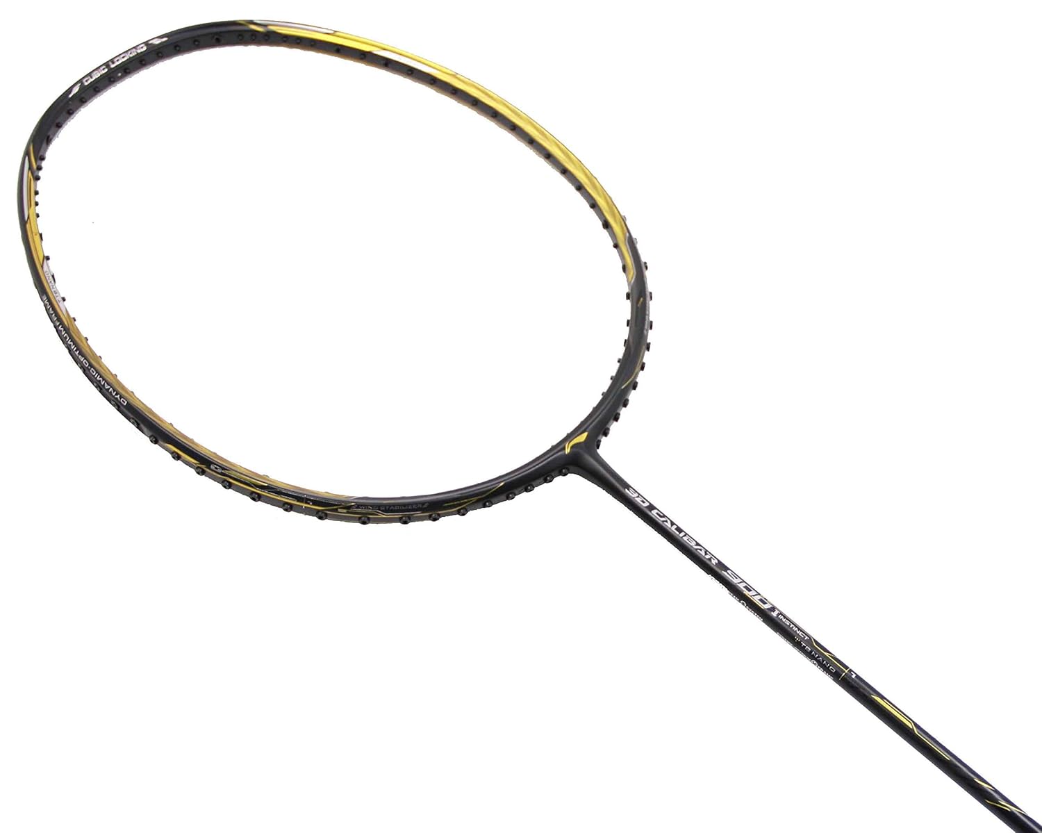 Side view of Li-Ning 3D Calibar 900i badminton racket showing aerodynamic frame for quick swings and aggressive play