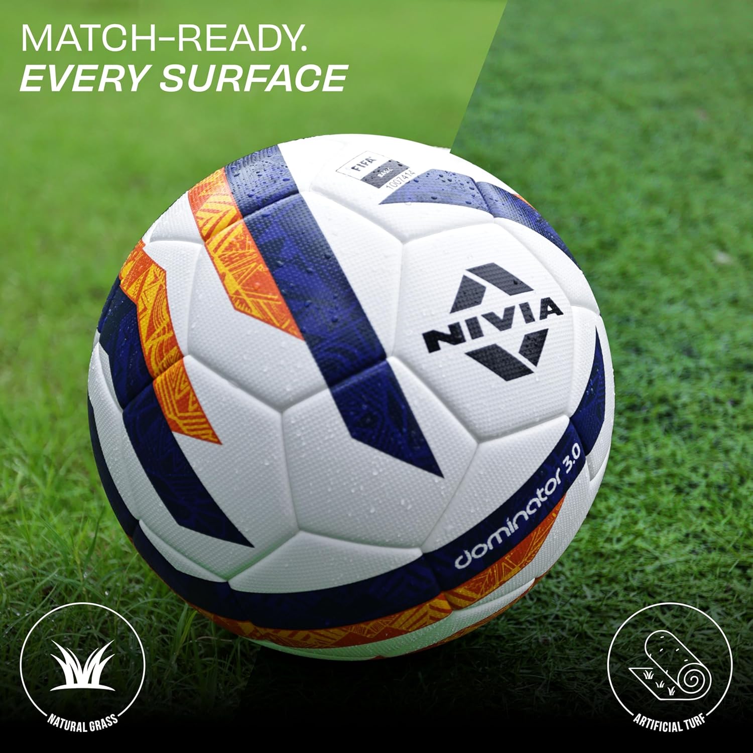 Nivia Dominator 3.0 football placed on grass pitch