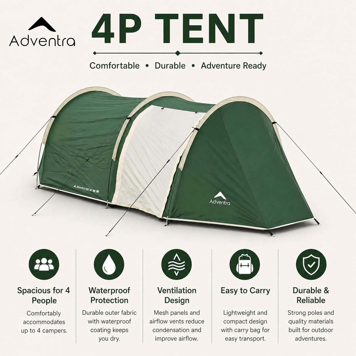 Adventra ET1104 4-Person Camping Tent for Family & Group Camping