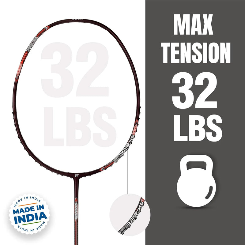 Yonex Astrox Attack 9 badminton racket close-up view of string pattern and frame