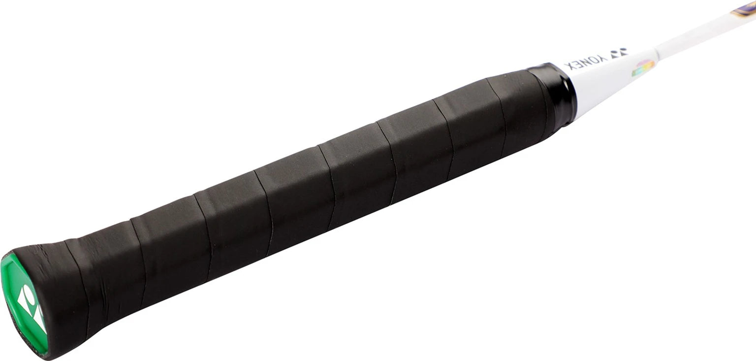 Yonex ZR 100 badminton racket grip close-up view for secure hold and durable everyday use