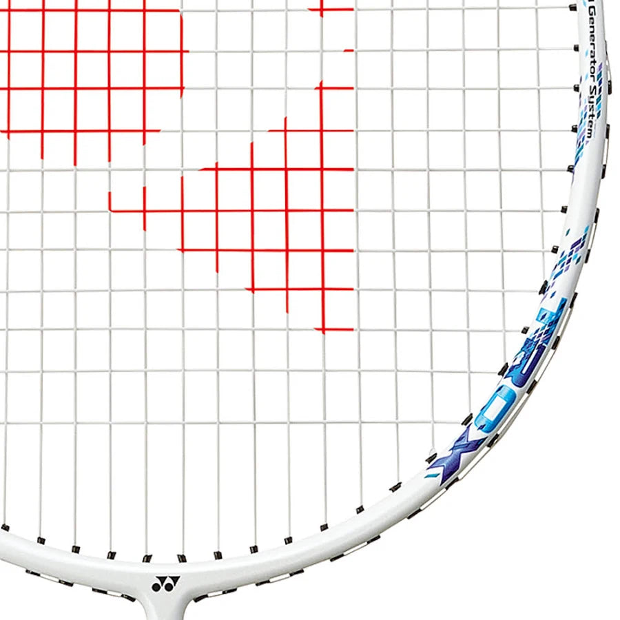 Yonex Astrox 02 badminton racket close-up view of string bed and graphite frame detail