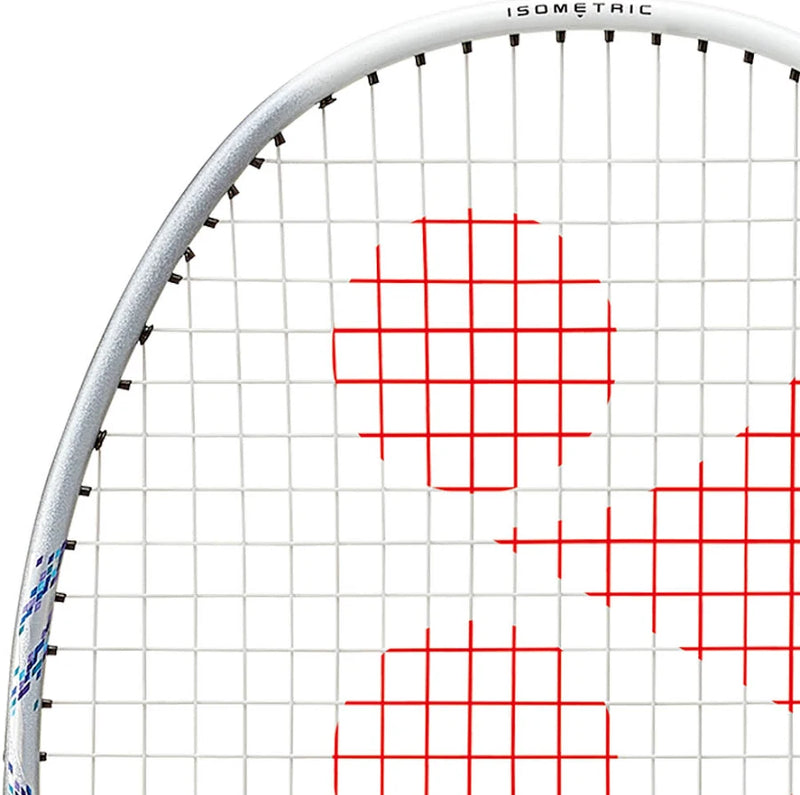 Yonex Astrox 02 badminton racket top head view highlighting string tension and sweet spot area