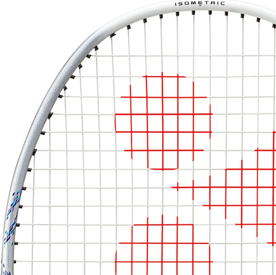 Yonex Astrox 02 badminton racket top head view highlighting string tension and sweet spot area