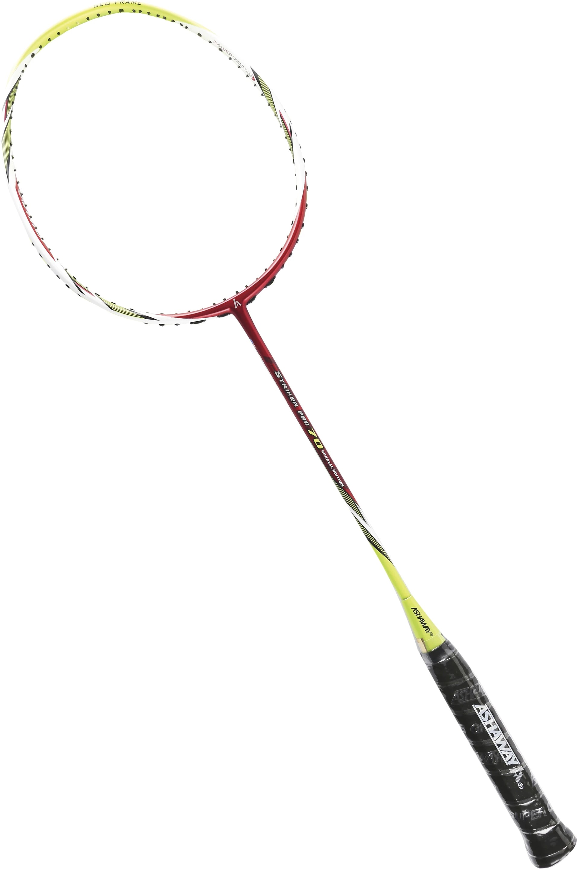 Ashaway Striker Pro 70 badminton racket angled side view showing balanced frame for speed and stability