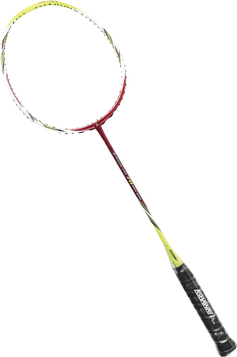 Ashaway Striker Pro 70 badminton racket angled side view showing balanced frame for speed and stability