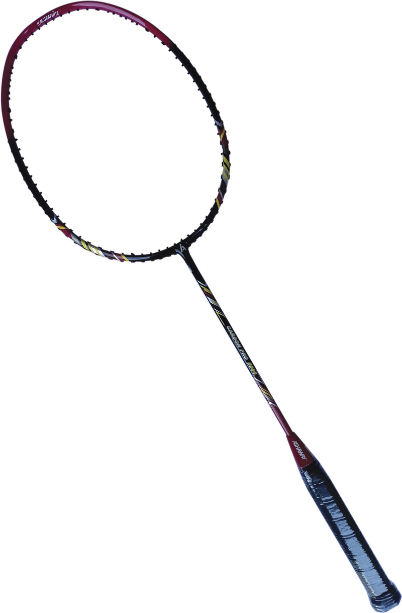 Ashaway Carbon Pro 5000 badminton racket angled view showing head-heavy balance, carbon frame, and stable performance for powerful gameplay