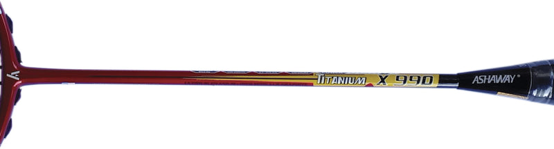 Close-up of Ashaway Titanium X 990 badminton racket frame and string area showing durable construction and control