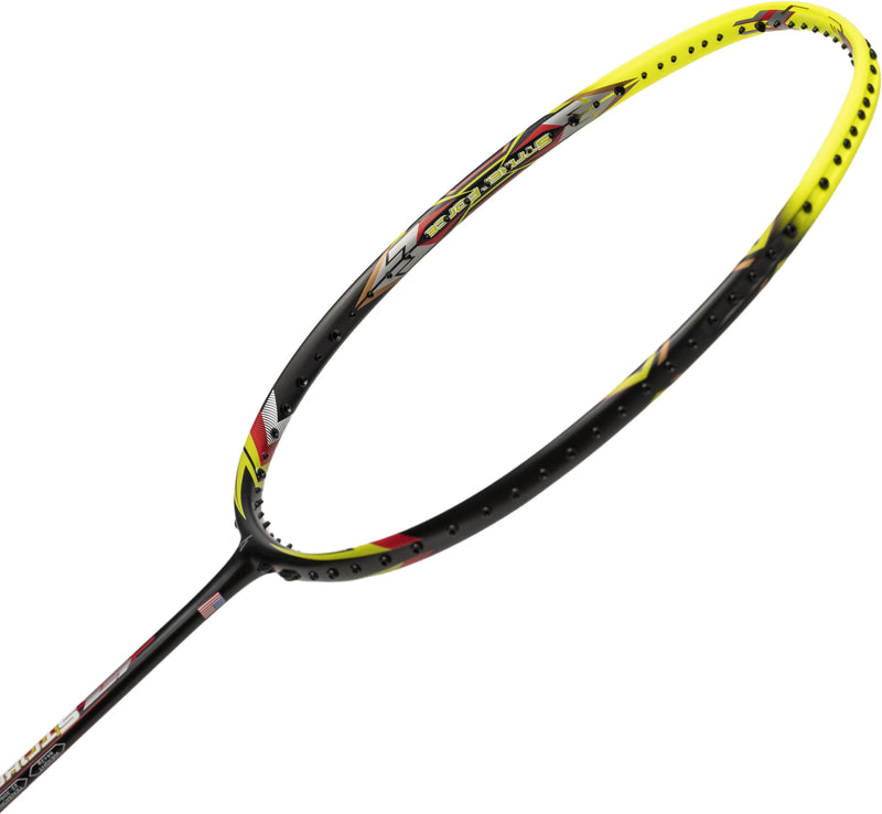 Ashaway Striker Force 80 badminton racket side angle showing stiff frame and precise control design