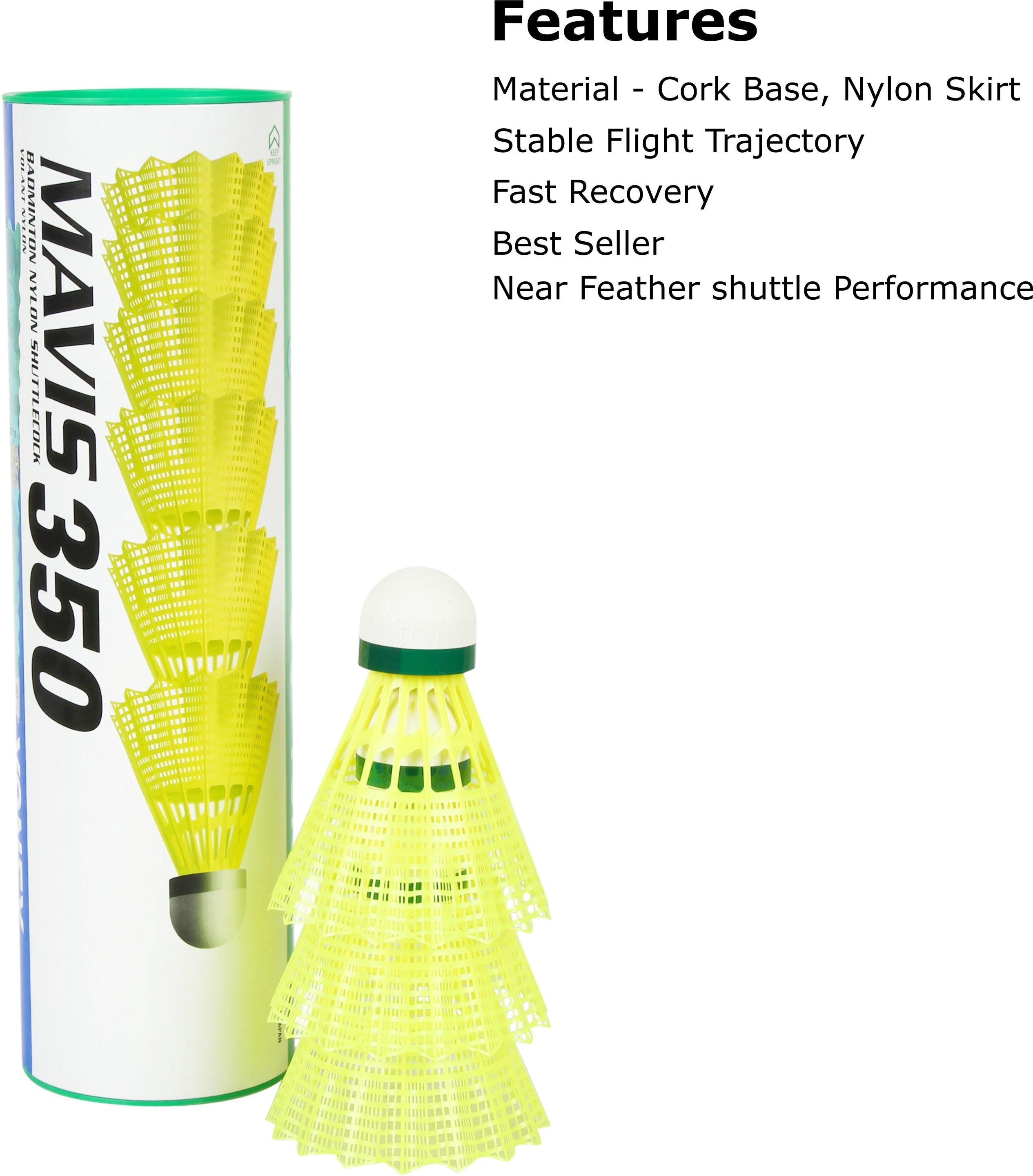 Yonex Mavis 350 nylon shuttlecock with natural cork base for stable flight trajectory