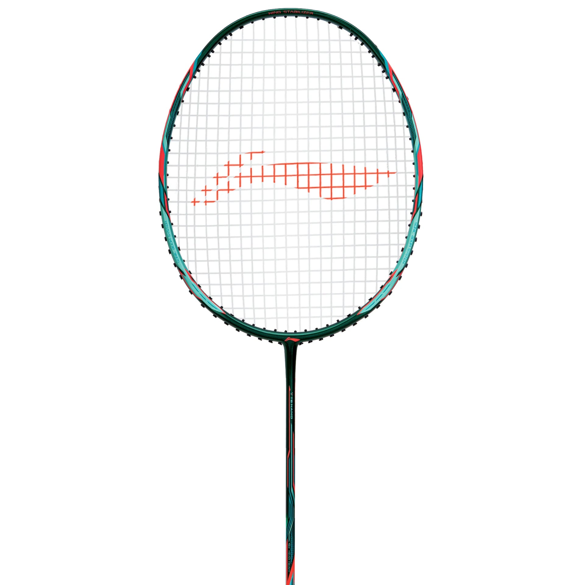 Li-Ning Tectonic 3R 5U badminton racket close-up view of frame and string bed for flexible feel and precision control