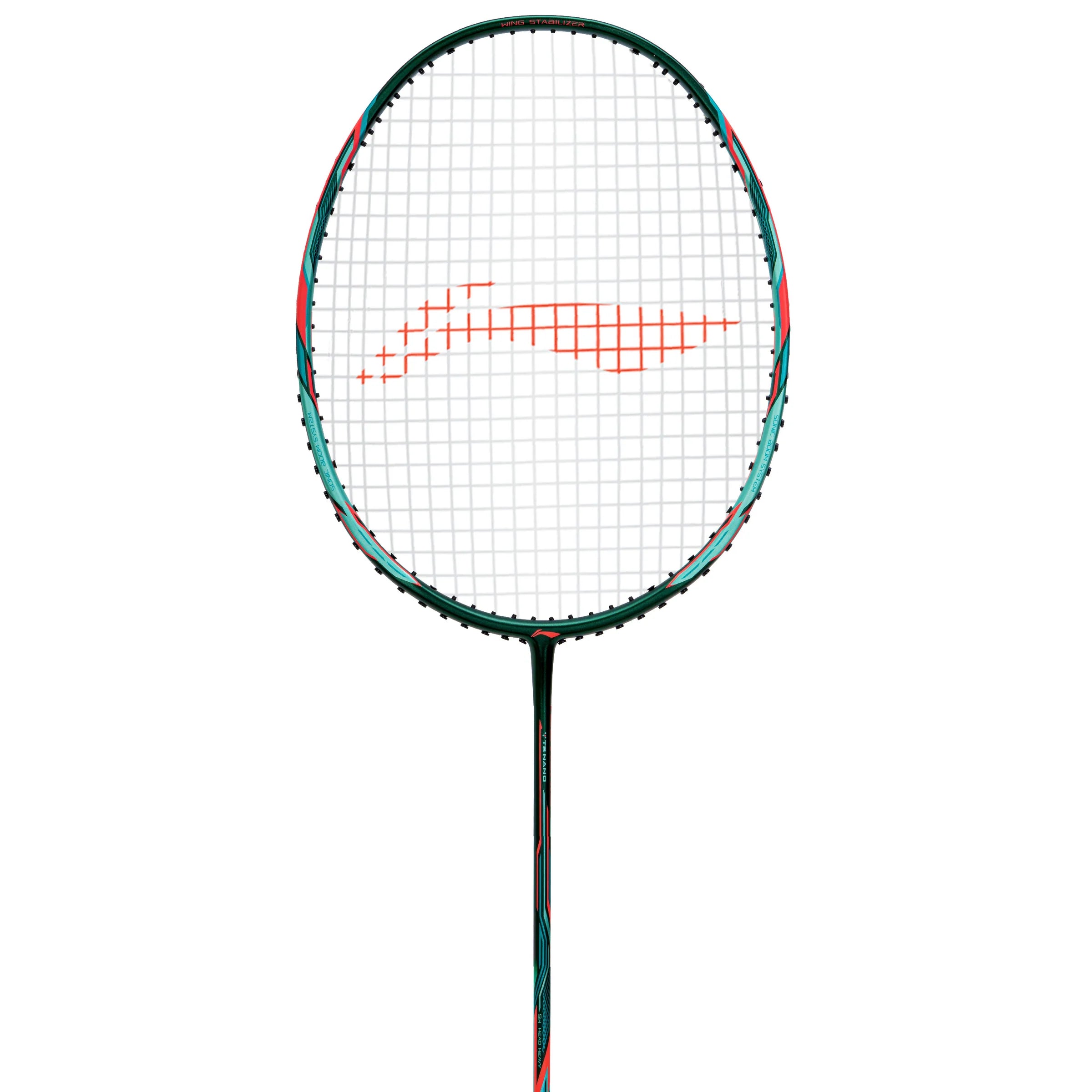 Li-Ning Tectonic 3R 5U badminton racket close-up view of frame and string bed for flexible feel and precision control