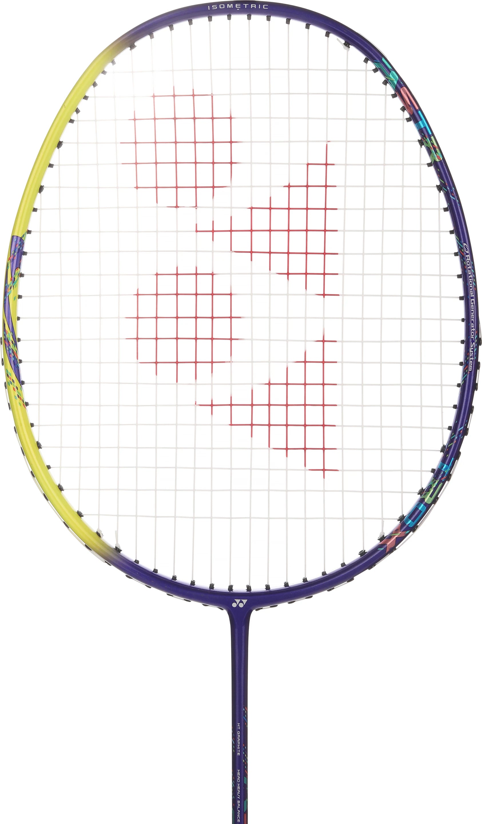 Yonex Astrox 02 badminton racket close-up view of string bed and graphite frame detail